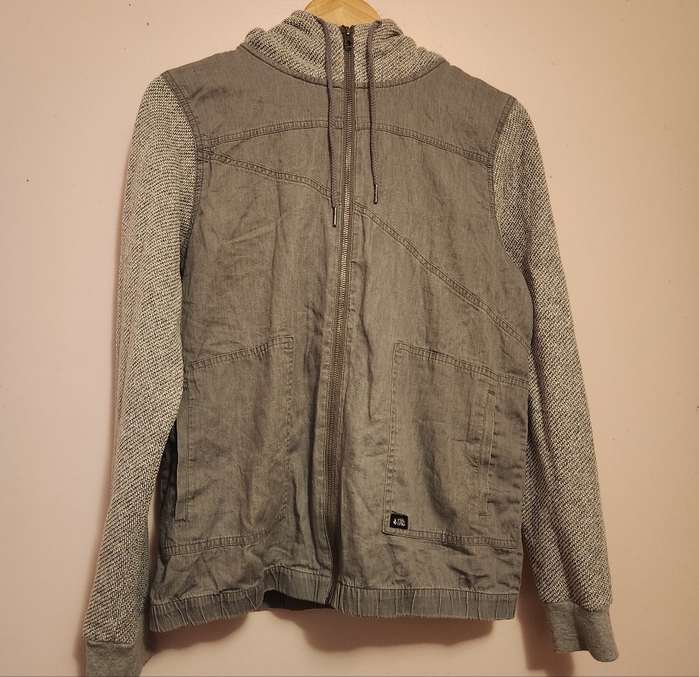 Volcom Mens Mixed Media Hooded Jacket Gray Cotton Fleece Size L Skate Streetwear